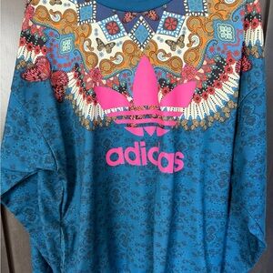 adidas Teal Blue Paisley Crewneck with Pink Trefoil Accents